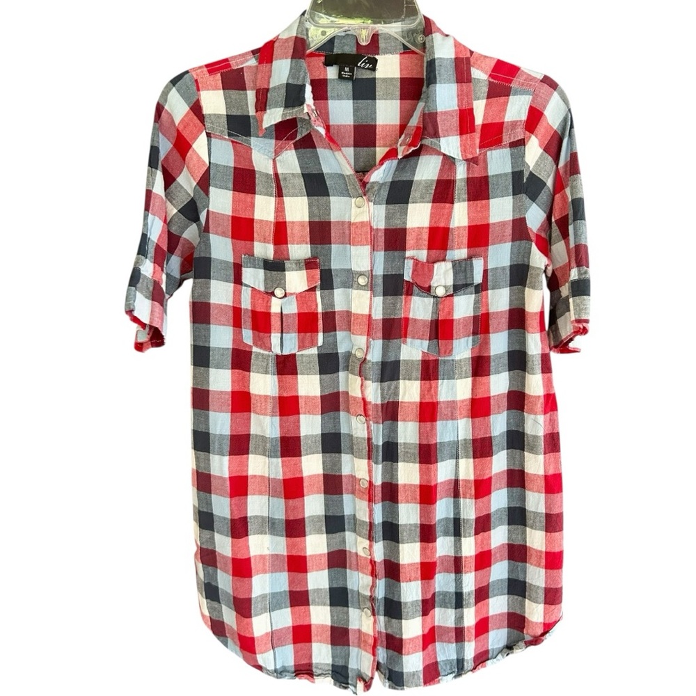 LIV Plaid Pearl Snap Button Down Western Shirt Short Sleeve Cowgirl Red Blue | M